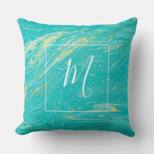 Beautiful Marble Gold Blue Elegant monogram Throw Pillow