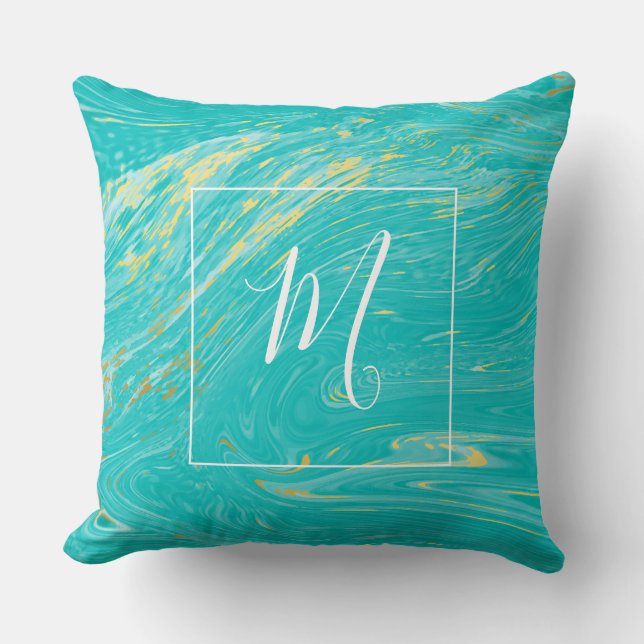 Beautiful Marble Gold Blue Elegant monogram Throw Pillow (Front)