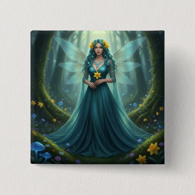 Beautiful March Aquamarine Fairy 2 Inch Square Button (Front)