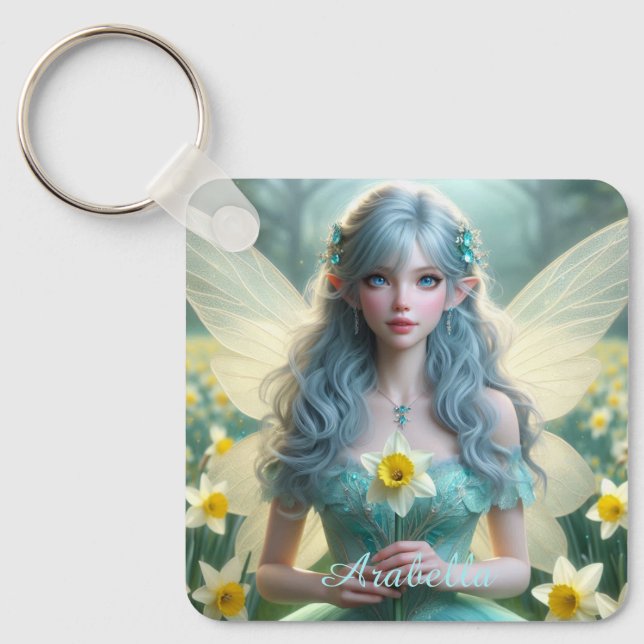 Beautiful March Fairy in Daffodils Keychain (Front)