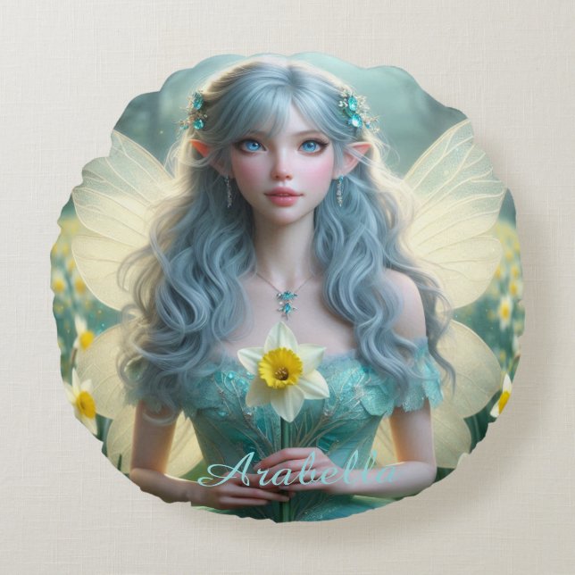 Beautiful March Fairy in Daffodils Round Pillow (Front)