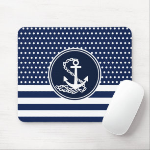 Beautiful Maritime Style, Anchor, Blue And White Mouse Pad