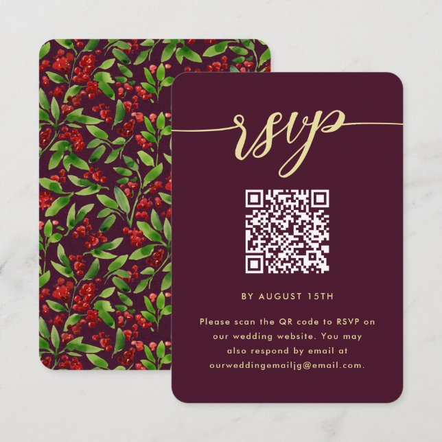 Beautiful Marsala Botanical Wedding QR Code RSVP (Front/Back)