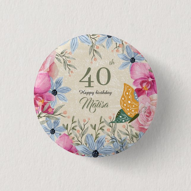Beautiful match Modern rustic floral 40th birthday 1 Inch Round Button (Front)