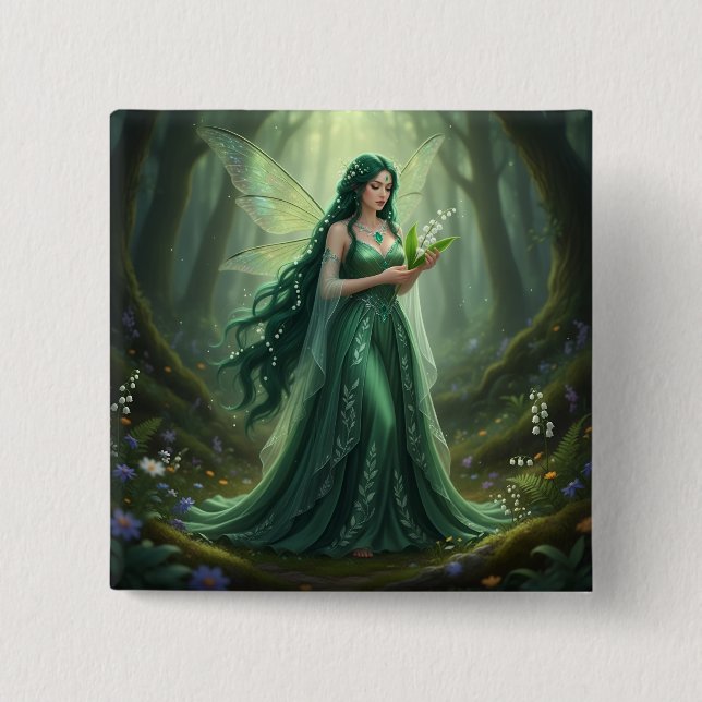 Beautiful May Emerald Fairy 2 Inch Square Button (Front)