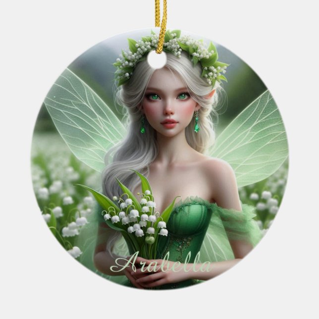 Beautiful May Fairy in Lilies of the Valley Ceramic Ornament (Front)