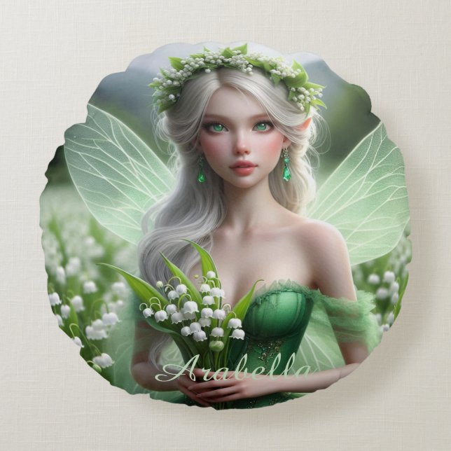 Beautiful May Fairy in Lilies of the Valley Round Pillow (Front)