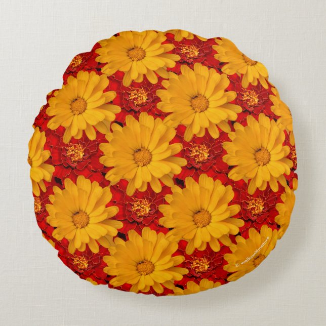 Beautiful Medley of Red Yellow Marigold Flowers Round Pillow (Front)