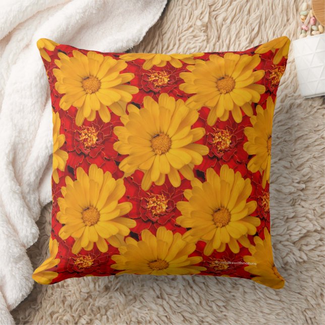 Beautiful Medley of Red Yellow Marigold Flowers Throw Pillow (Blanket)