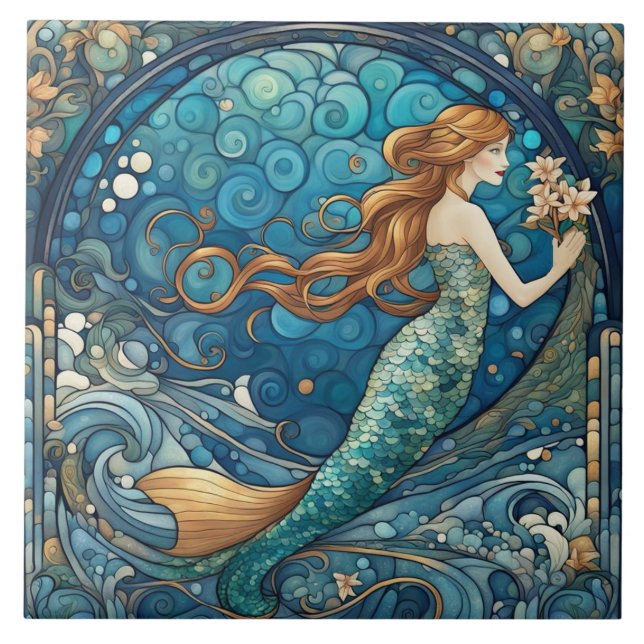 Beautiful Mermaid Art Nouveau Art Deco Style Blue Tile (Front)