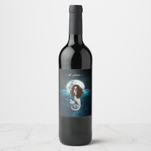 Beautiful Mermaid At Peace Under the Full Moon Wine Label (Front)