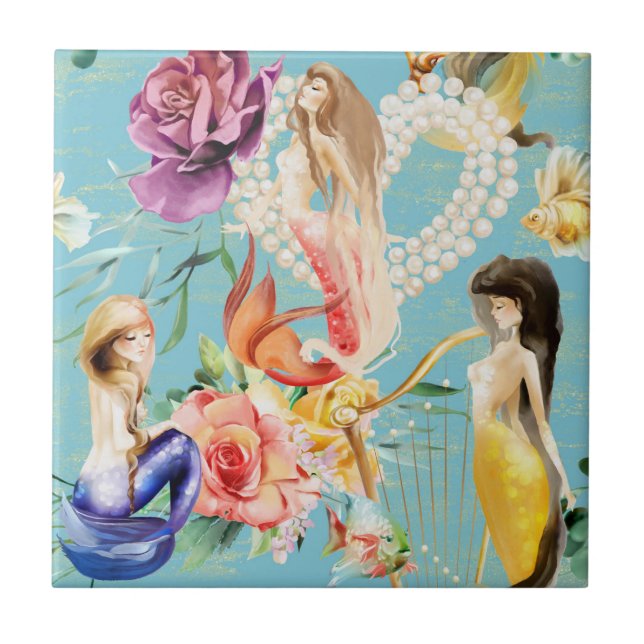 Beautiful Mermaid Nautical  Floral Tile (Front)