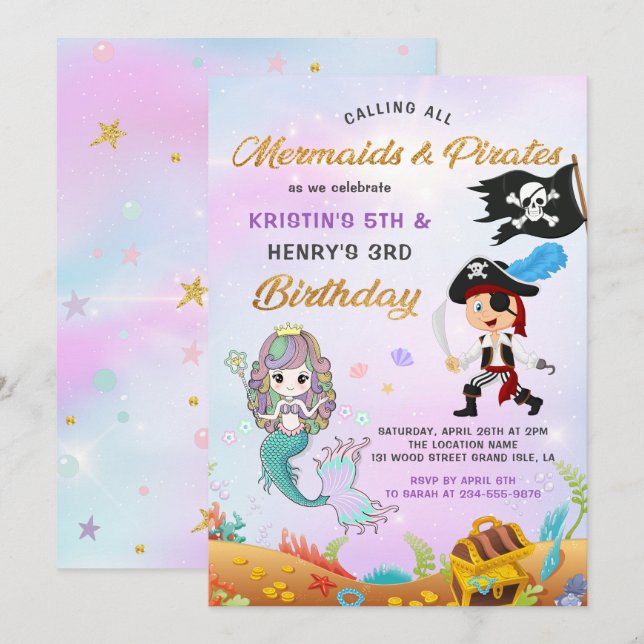 Beautiful Mermaid & Pirate Under The Sea Birthday Invitation (Front/Back)