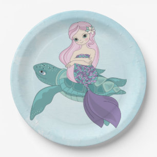 Beautiful Mermaid Sitting on a Sea Turtle Paper Plate