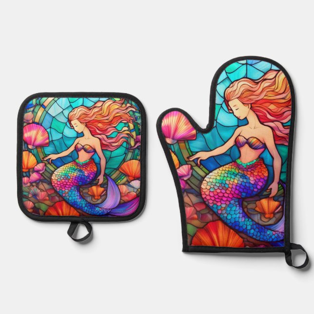 Beautiful mermaid stained glass art puzzle oven mitt & pot holder set (Front)