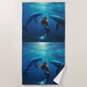Beautiful Mermaid Swimming With Humpback Whales, Beach Towel