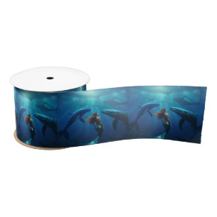 Beautiful Mermaid Swimming With Humpback Whales, Satin Ribbon
