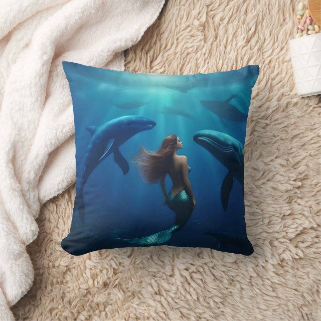 Beautiful Mermaid Swimming With Humpback Whales, Throw Pillow (Blanket)