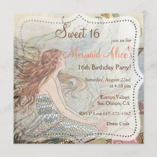 Beautiful Mermaid Vintage Sweet 16 Birthday Invite