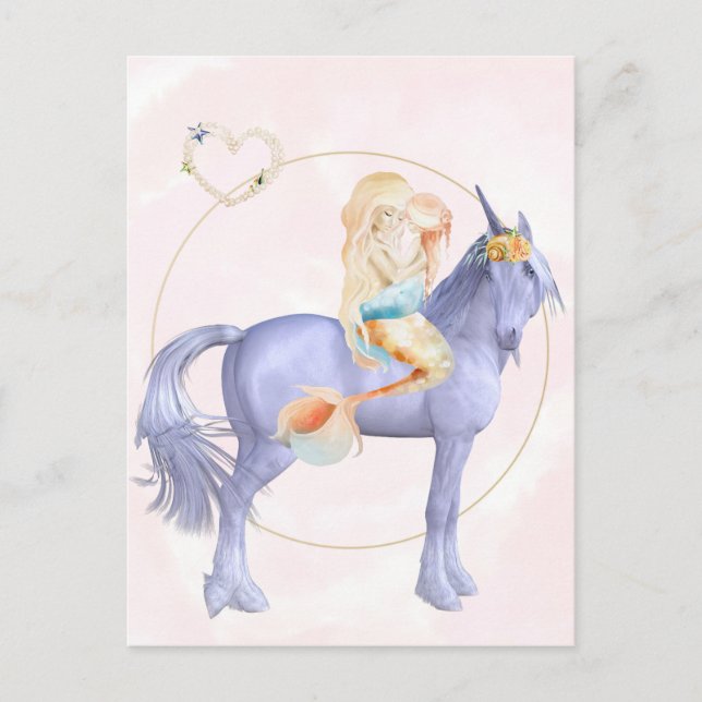 Beautiful Mermaid with Baby Child Unicorn Postcard (Front)
