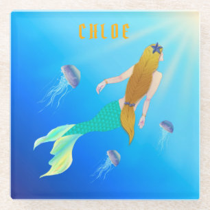 Beautiful Mermaid with Golden Hair Glass Coaster