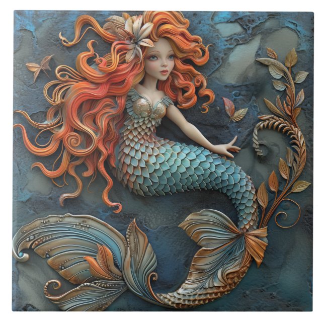 Beautiful Mermaid With Orange Hair 3D Effect Tile (Front)