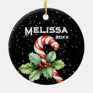 BEAUTIFUL MERRY CHRISTMAS, CANDY CANE, HOLLY SPRIG CERAMIC ORNAMENT