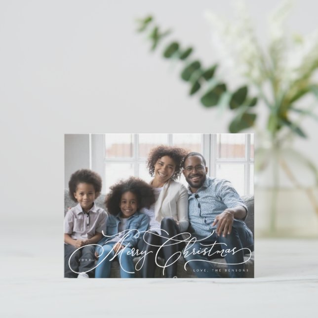 Beautiful Merry Christmas script photo design Postcard (Standing Front)