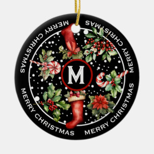BEAUTIFUL MERRY CHRISTMAS, STOCKING, POINSETTIA, CERAMIC ORNAMENT