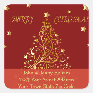 Beautiful metallic gold Christmas tree on dark red Square Sticker