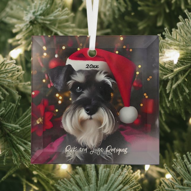 Beautiful Miniature Schnauzer with Santa Hat Glass Ornament (Insitu)