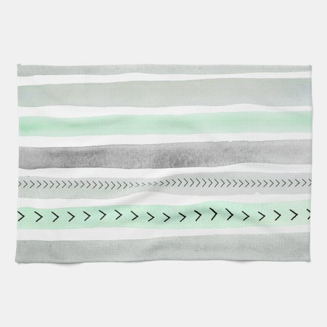 Beautiful Mint Green Grey Watercolours Stripes Kitchen Towel (Horizontal)