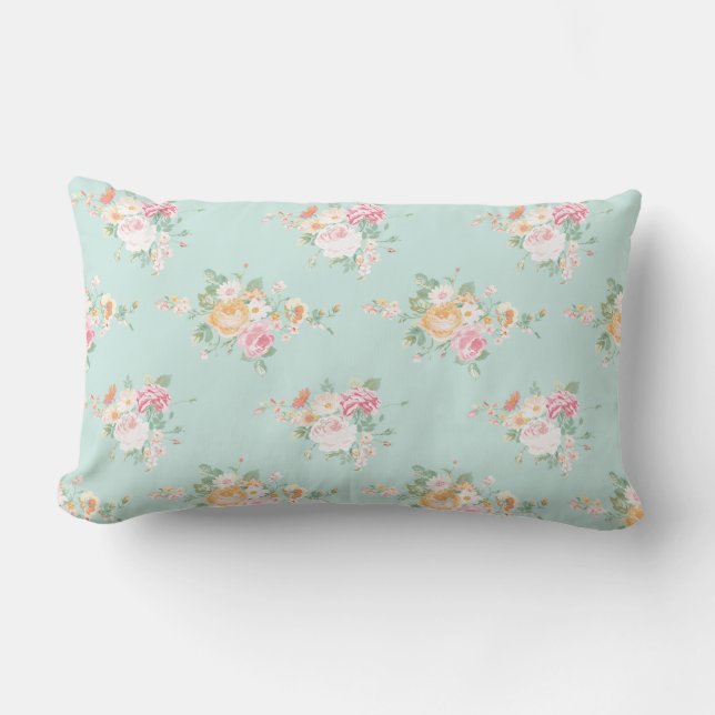 beautiful, mint,shabby chic, country chic, floral, lumbar pillow (Front)