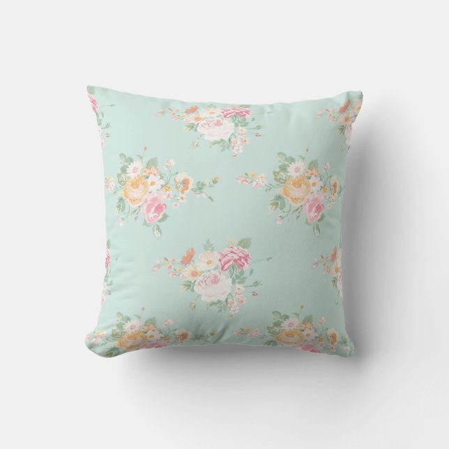 beautiful, mint,shabby chic, country chic, floral, throw pillow (Front)