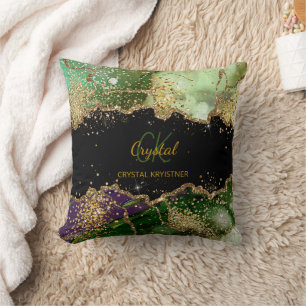 Beautiful Modern Black and Green Glitter Monogram  Throw Pillow