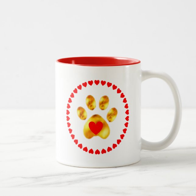Beautiful Modern Golden Paw & Red Hearts Two-Tone Coffee Mug (Right)
