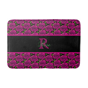 Beautiful Modern Hot Pink Magenta Roses Monogram Bath Mat