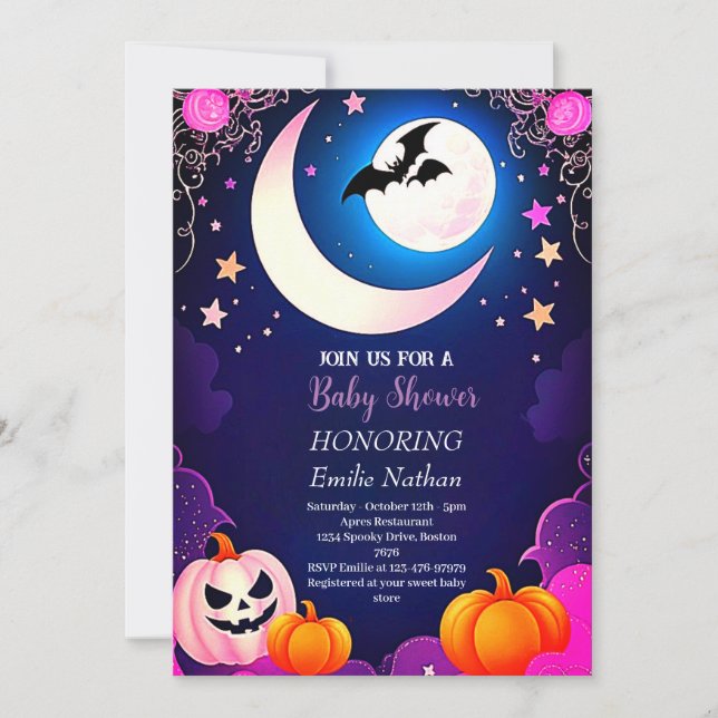 Beautiful Modern pink purple Halloween Baby Shower Invitation (Front)