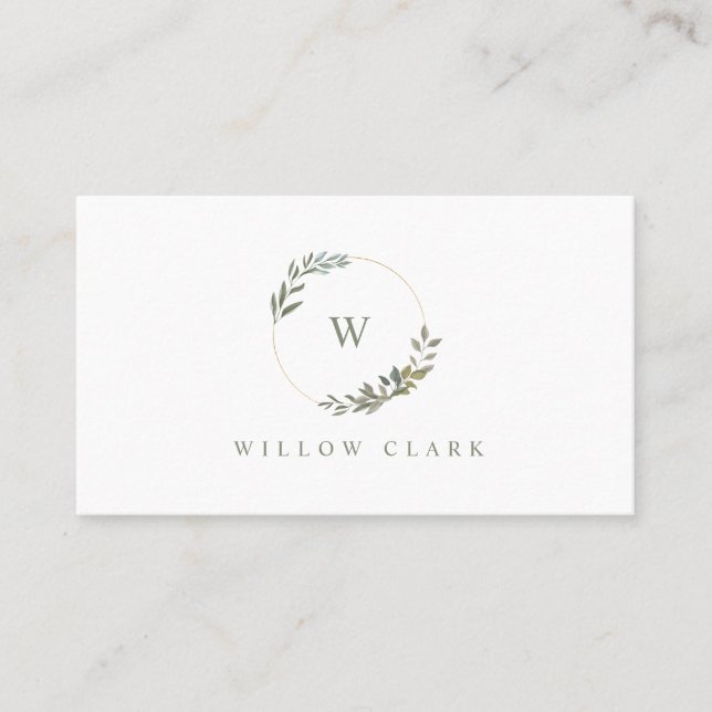 Beautiful Monogram Greenery Watercolor wreath Business Card (Front)