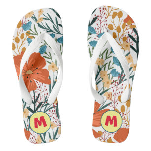Beautiful monogram l Watercolor flowers for her Flip Flops