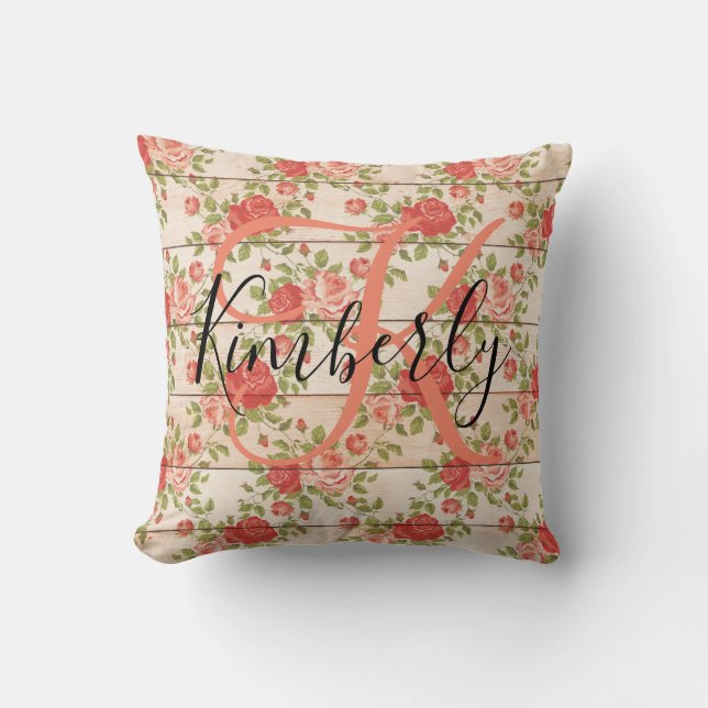 Beautiful Monogram Rustic Roses Throw Pillow (Front)