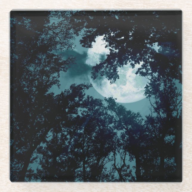 Beautiful Moon Glow Though Trees  Glass Coaster (Front)