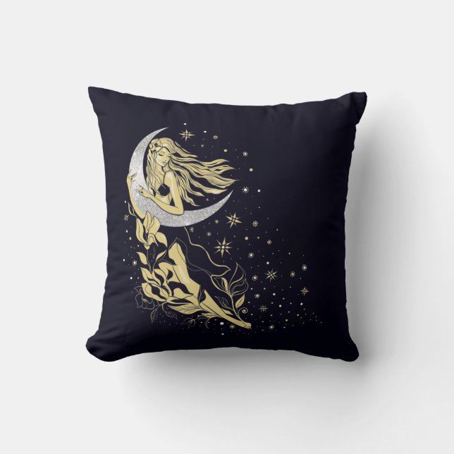 Beautiful moon stars woman art deco illustration throw pillow (Front)