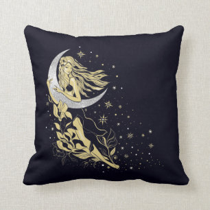 Beautiful moon stars woman art deco illustration throw pillow