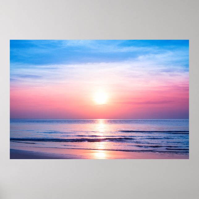 Beautiful morning sunrise, blue sea, pink sky, whi poster (Front)
