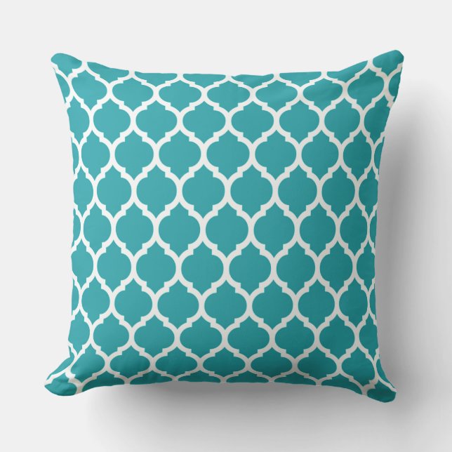 Beautiful Moroccan lattice Quatrefoil Pattern Teal Throw Pillow (Front)