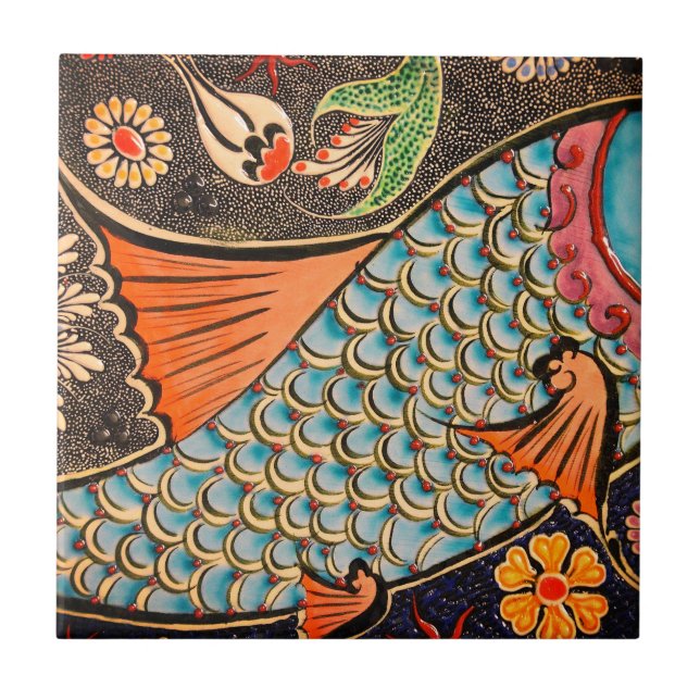 Beautiful mosaic and colourful fish ceramic tile (Front)