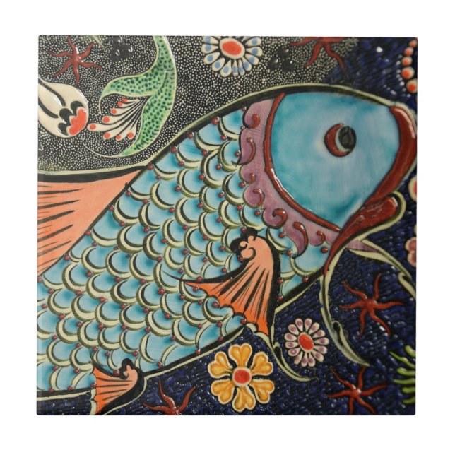 Beautiful mosaic and colourful fish tile (Front)