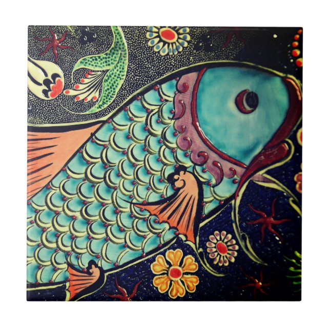 Beautiful mosaic and colourful fish tile (Front)