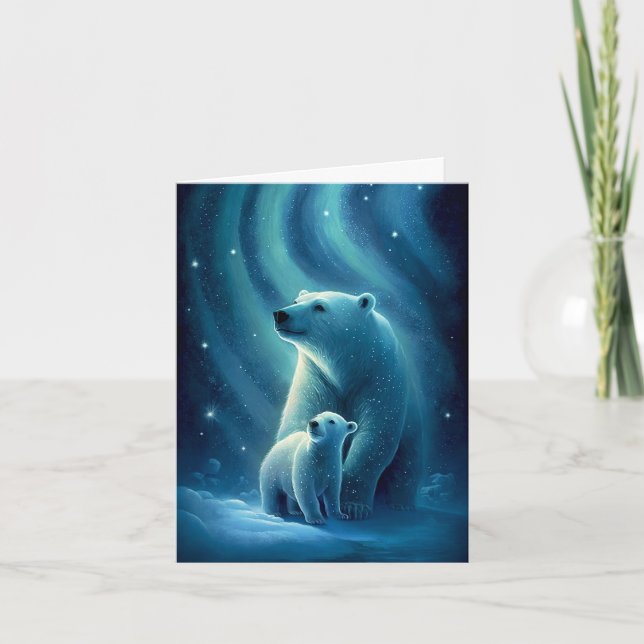 Beautiful Mother Polar Bear and Cub Illustration Card (Front)